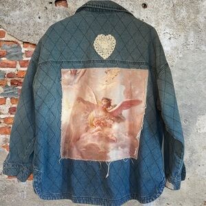 Upcycled guardian angel vintage cross doily patched quilted pattern jean jacket